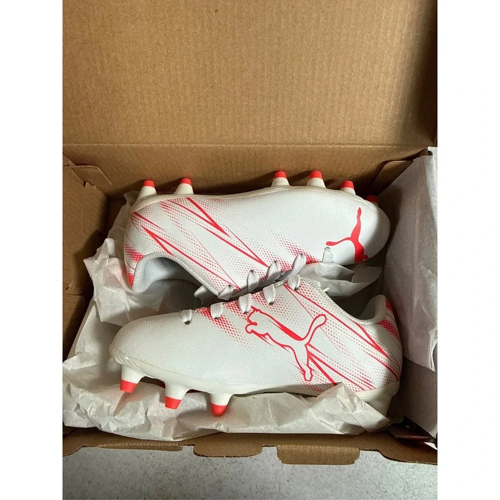 Puma Attacanto FG/AG Jr. Soccer Cleats - White/Fire Orchid, Size 9
